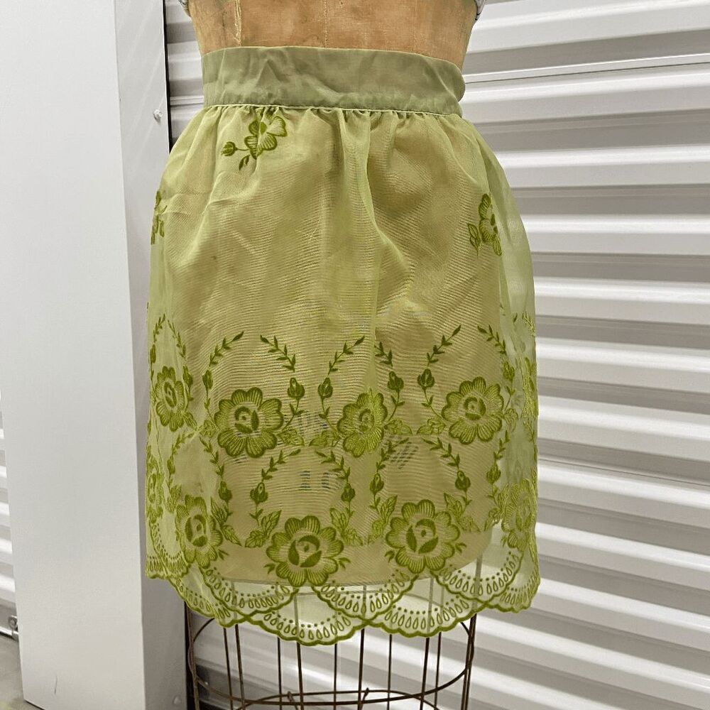 Vintage 50s Artistic Apron House Sheer Flocked Organza Green Apron